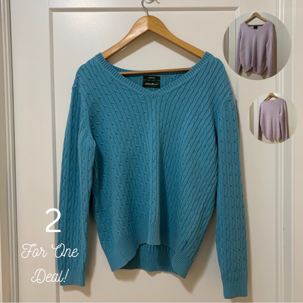 2 Set - EDDIE BAUER - Vintage Cable Knit - V Neck Sweaters - Women’s L